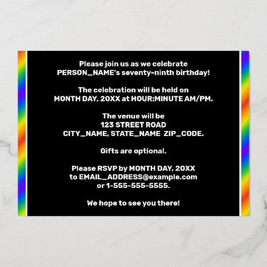 79e verjaardag - Fun, regenboogspectrum "79" Folie Uitnodiging (Achterkant)
