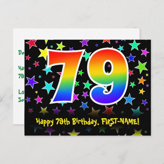 79e verjaardag: Fun Stars Pattern, Rainbow 79, Naa Briefkaart (Voorkant / Achterkant)