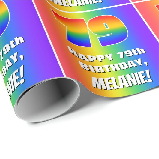 79e verjaardag: kleurrijk, vun regenboogpatroon #  cadeaupapier (Rol Hoek)