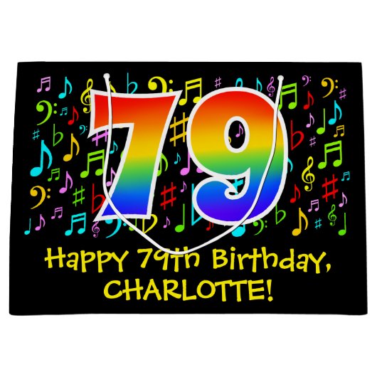 79e verjaardag - Kleurrijke muzieksymbolen, Rainbo Groot Cadeauzakje (Voorkant)