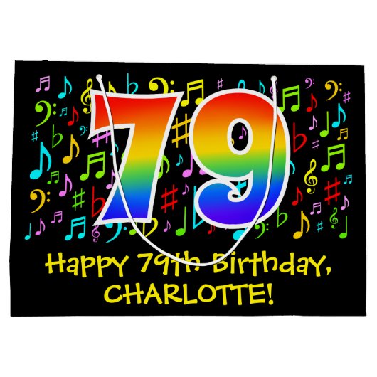 79e verjaardag - Kleurrijke muzieksymbolen, Rainbo Groot Cadeauzakje (Achterkant)