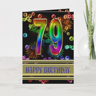 79e verjaardag met regenboogbubbels en vuurwerk kaart