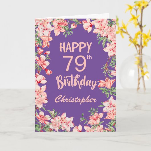 79e verjaardag Paarse Pink Peach Waterverf Floral Kaart (Gele Bloem)