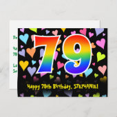 79e verjaardag: Plezier Hartjes Patroon, Regenboog Briefkaart (Voorkant / Achterkant)