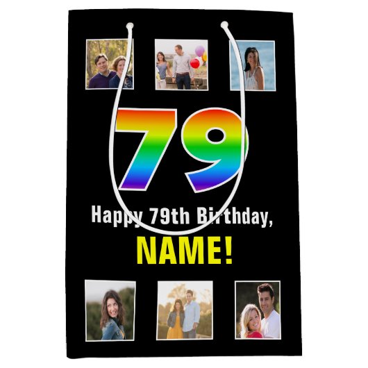 79e verjaardag: Regenboog "79", aangepaste foto's  Medium Cadeauzakje (Voorkant)