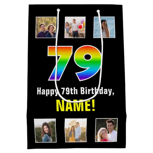 79e verjaardag: Regenboog "79", aangepaste foto's Medium Cadeauzakje (Achterkant)