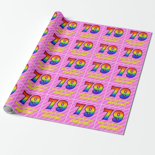 79e verjaardag: Roze strips & harten, regenboognr. Cadeaupapier (Uitgerold)