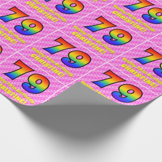 79e verjaardag: Roze strips & harten, regenboognr. Cadeaupapier (Hoek)