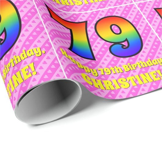 79e verjaardag: Roze strips & harten, regenboognr. Cadeaupapier (Rol Hoek)