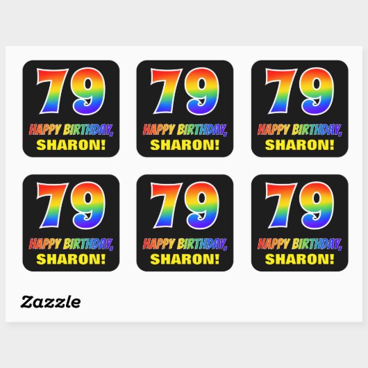 79e verjaardag: Vet, Vun, eenvoudig, Regenboog 79 Vierkante Sticker (Vel)
