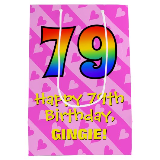 79e verjaardag: vuurroze kunststaven; regenboog 79 medium cadeauzakje (Achterkant)