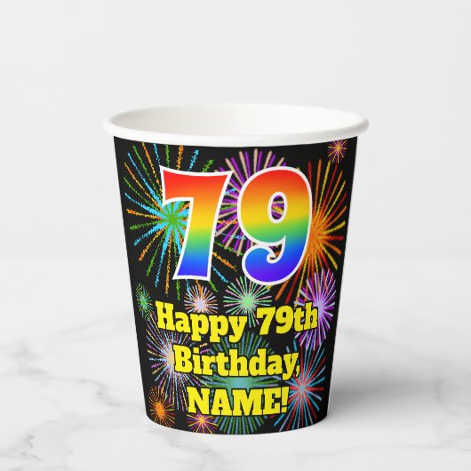 79e verjaardag: Vuurwerk Fun Pattern + Regenboog 7 Papieren Bekers (Achterkant)