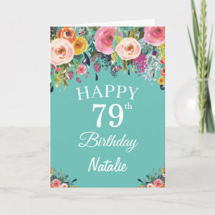 79ste verjaardag Aquarel Bloemen Teal Kaart