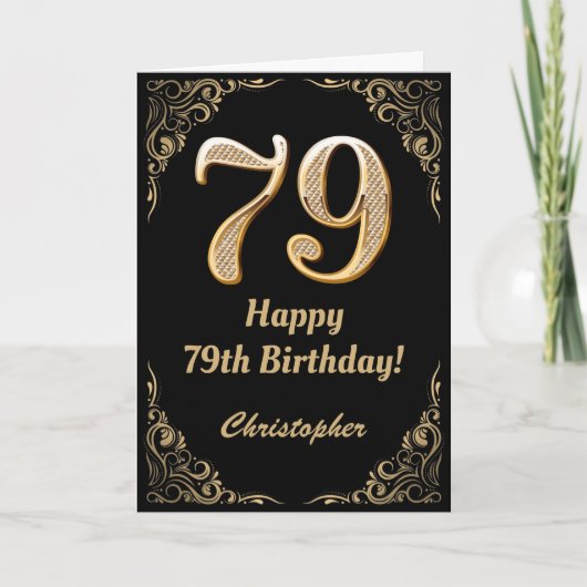 79th Birthday Black en Gold Glitter Lijst Kaart (Voorkant)