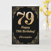 79th Birthday Black en Gold Glitter Lijst Kaart (Gele Bloem)