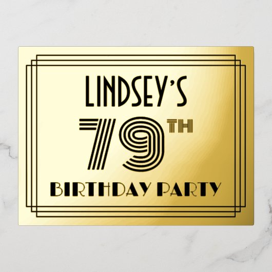 79th Birthday Party ~ Art Deco Style "79" + naam Folie Uitnodiging Briefkaart (Voorkant)