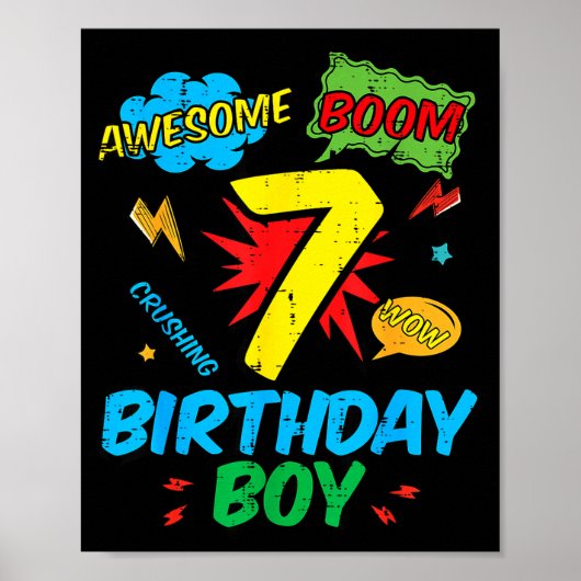 7 Birthday Boy Comic Cool 7th Bday Superhero Party Poster (Voorkant)