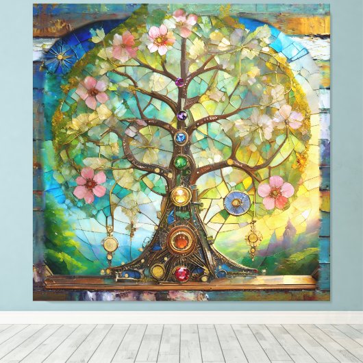 7 Chakra Bloeiende Boom Des Levens Canvas Afdruk (Insitu (Houten vloer))