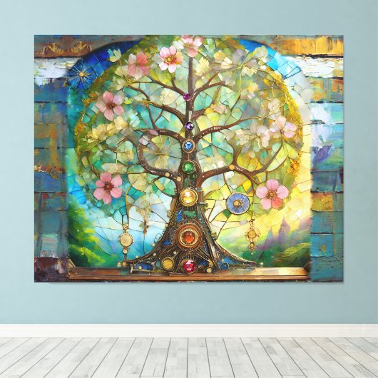 7 Chakra Bloeiende Boom Des Levens Canvas Afdruk (Insitu (Houten vloer))