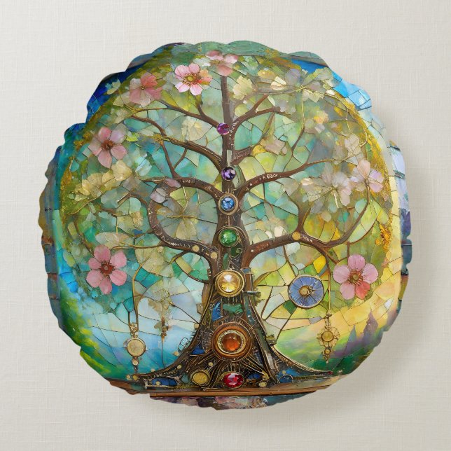 7 Chakra Bloeiende Boom Des Levens Rond Kussen (Voorkant)