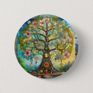 7 Chakra Bloeiende Boom Des Levens Ronde Button 5,7 Cm