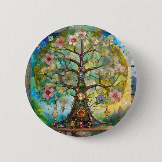 7 Chakra Bloeiende Boom Des Levens Ronde Button 5,7 Cm (Voorkant)