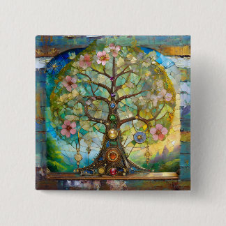 7 Chakra Bloeiende Boom Des Levens Vierkante Button 5,1 Cm