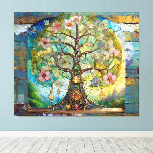 7 Chakra bloeiende levensboom Canvas Afdruk (Insitu (Houten vloer))