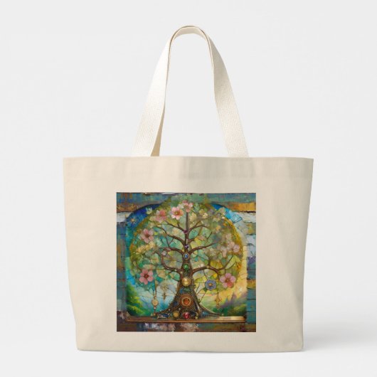 7 Chakra bloeiende levensboom Grote Tote Bag (Achterkant)