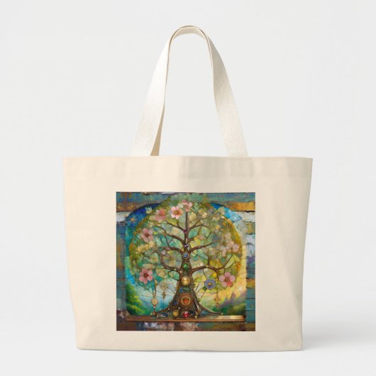 7 Chakra bloeiende levensboom Grote Tote Bag (Voorkant)