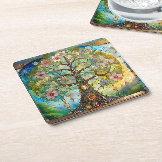 7 Chakra bloeiende levensboom Kartonnen Onderzetters (Schuin)