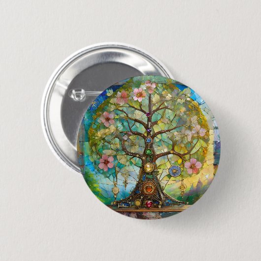 7 Chakra bloeiende levensboom Ronde Button 5,7 Cm (Voorkant /achterkant)