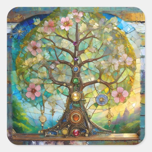 7 Chakra bloeiende levensboom Vierkante Sticker (Voorkant)