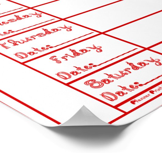 7-daags Red Fabric Font Weekly Planner Print Poste (Hoek)