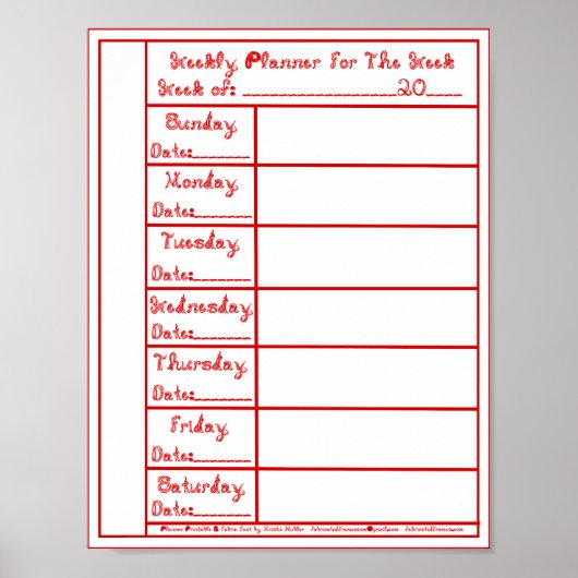 7-daags Red Fabric Font Weekly Planner Print Poste (Voorkant)