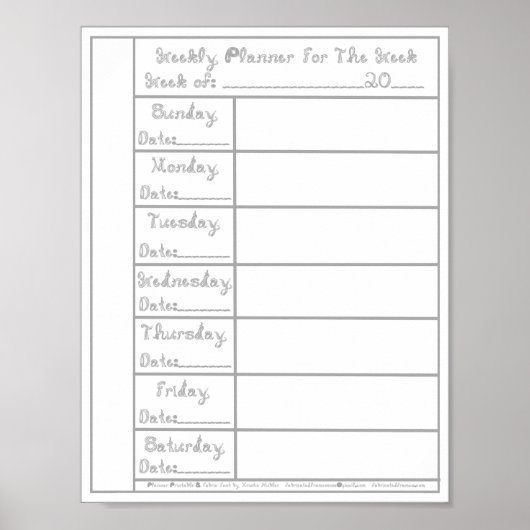 7 dag zilveren stof lettertype wekelijkse planner poster (Voorkant)
