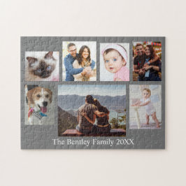 7 familiefoto's, doe-het-zelf naam en jaar, grijs legpuzzel