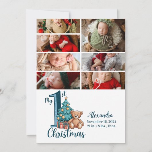 7 Foto Blue Teddy Baby 1st Christmas Feestdagenkaart (Voorkant)