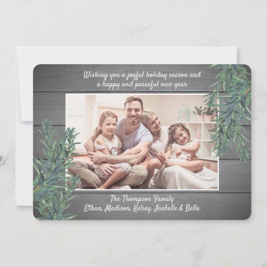 7 Foto Christmas Greenery & Rustic Grey Wood Feestdagenkaart (Achterkant)