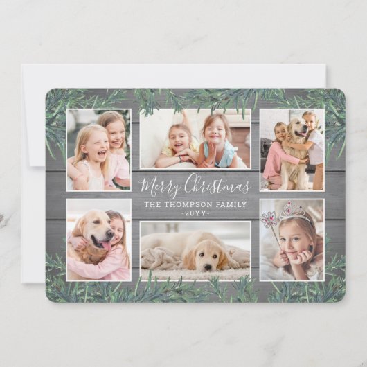 7 Foto Christmas Greenery & Rustic Grey Wood Feestdagenkaart (Voorkant)
