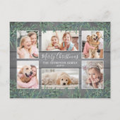 7 Foto Christmas Greenery & Rustic Grey Wood Feestdagenkaart (Voorkant)