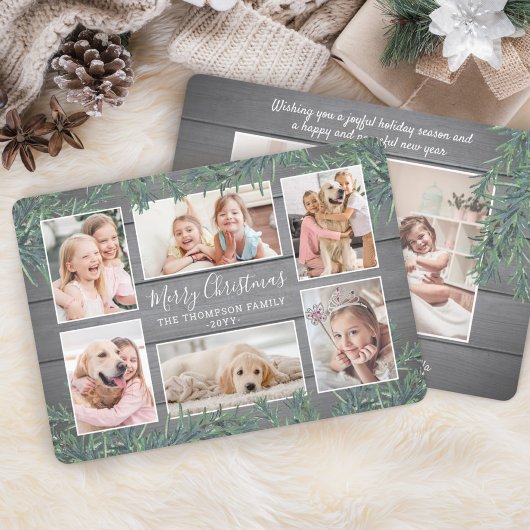 7 Foto Christmas Greenery & Rustic Grey Wood Feestdagenkaart