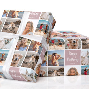 7 Foto Collage Verjaardag Custom Naam Dusty Pink Cadeaupapier