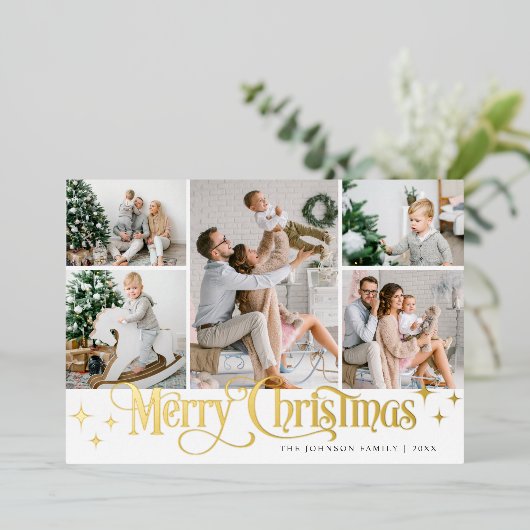 7 FOTO Sparkle Merry KerstGold Folie Feestdagenkaart (Staand Voorkant)