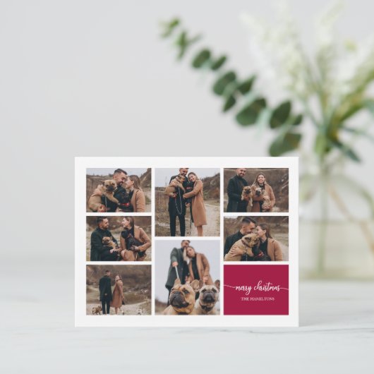 7 Foto's Collage Elegant Script Merry Kerstmis Briefkaart (Staand voorkant)