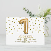 7 gouden ballon Confetti 7e verjaardagsfeest Kaart (Staand voorkant)