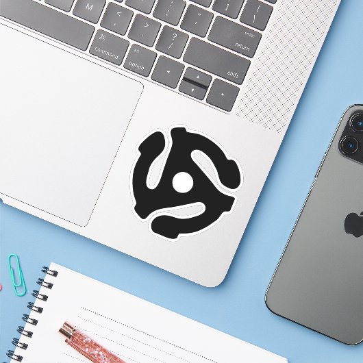 7-inch 45-pm vinyladapter invoegspin sticker (Laptop met iPhone)