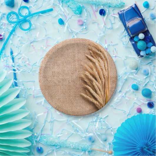 7-inch rond papier Bord Tarwe op Burlap Sack Count (Feest)