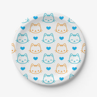 7 inch turquoise oranje kattengezicht patroon Rond Papieren Bordje
