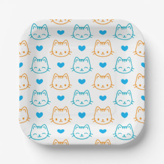 7 inch turquoise oranje kattengezicht patroon vier papieren bordje